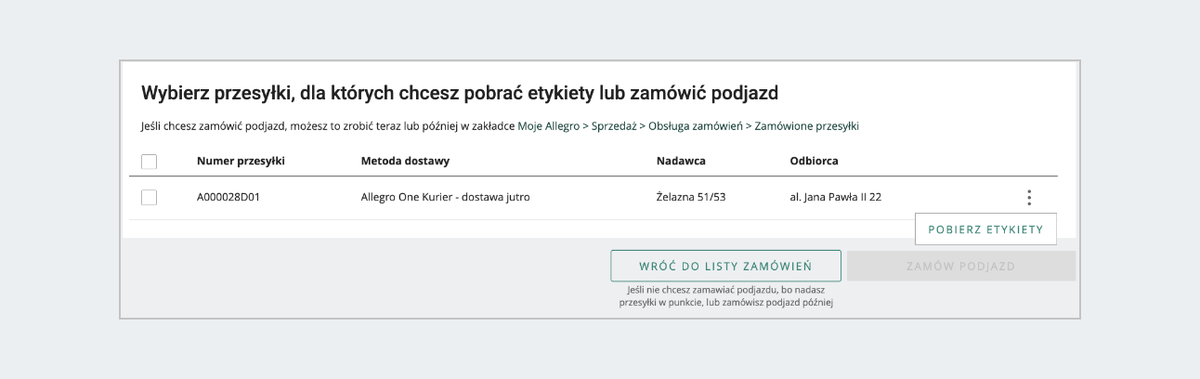 Menu w części Wybór przesyłek