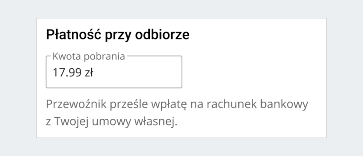 Sekcja Płatność przy odbiorze dla umów własnych (oprócz umów z Pocztą Polską)