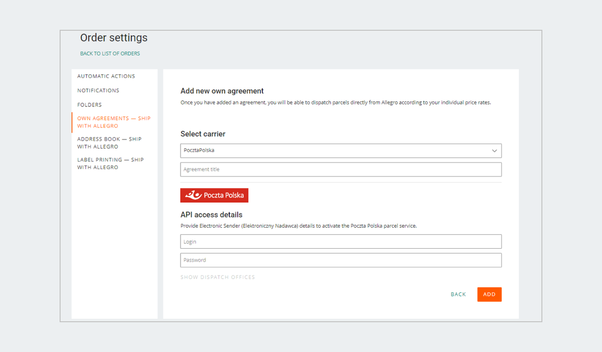Adding an own agreement in the Order Settings