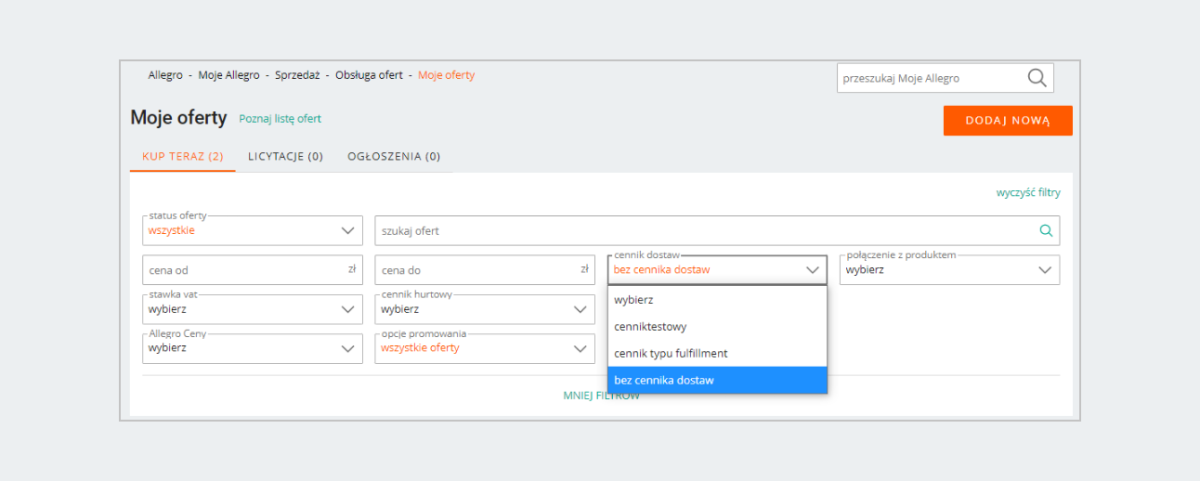 Filtry w zakładce Moje oferty
