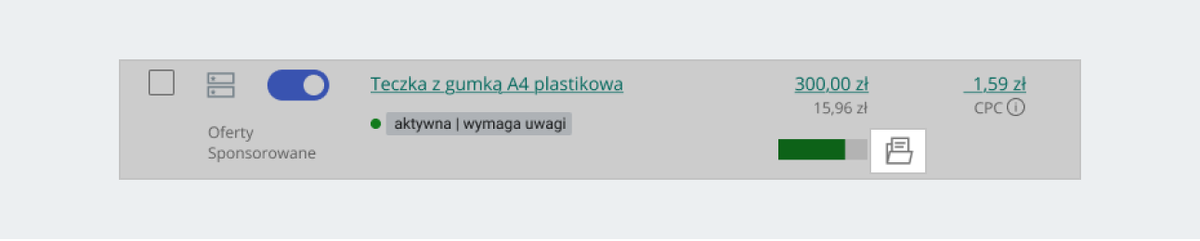 Zrzut ekranu: widok kampanii w panelu Allegro Ads z ikoną folderu. 