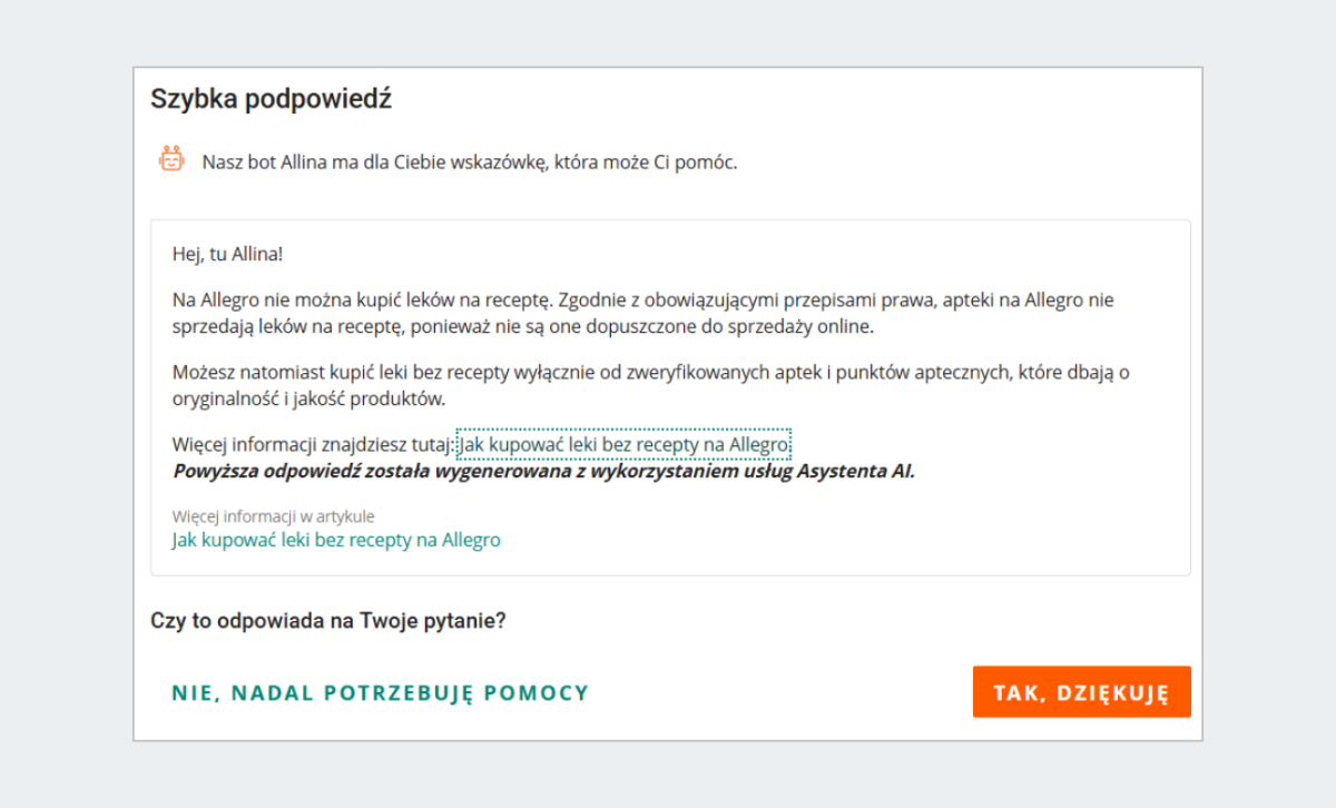 Przykładowa szybka podpowiedź Alliny. Komunikat: Nasz bot Allina ma dla Ciebie wskazówkę, która może Ci pomóc. 