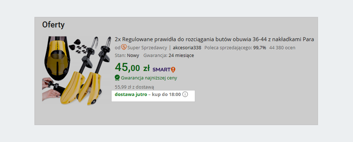 Widok oferty z oznaczeniem dostawa jutro - kup do XX:XX