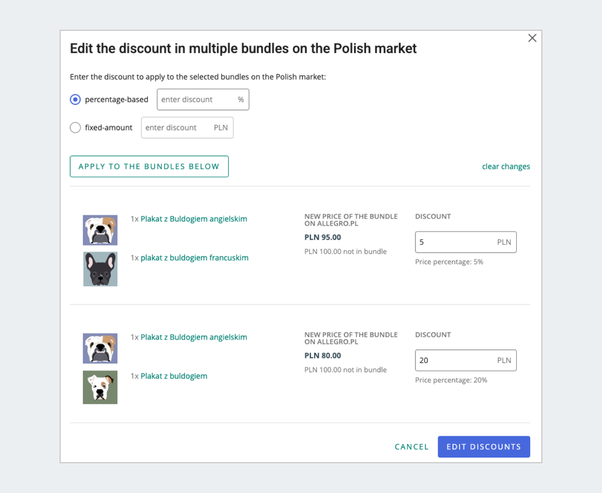 Screen for editing the discount for many bundles in the Polish market with two bundles visible