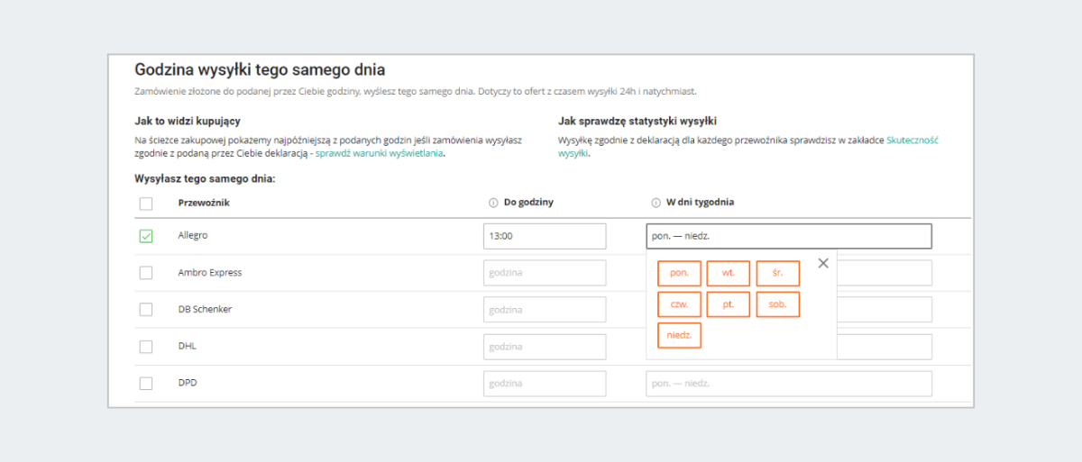 Ustawienia godziny wysyłki tego samego dnia