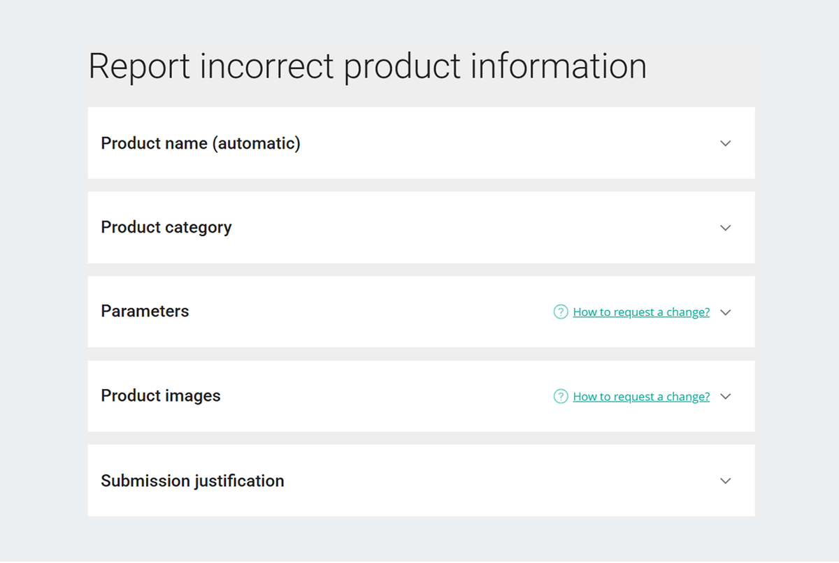 product change request form: report incorrect product information