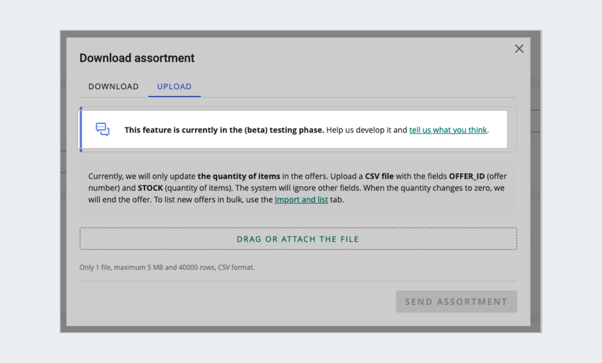 Download assortment window, gray background, text fields, upload/download buttons.