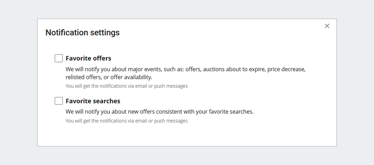 Notification settings screen with options to get notifications on favorite offers and searches