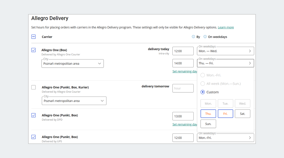 Delivery time settings with different options selected and screen for custom days.png
