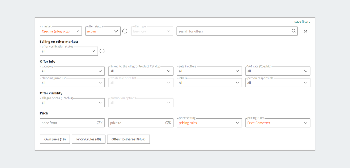 Filters in the My Assortment tab