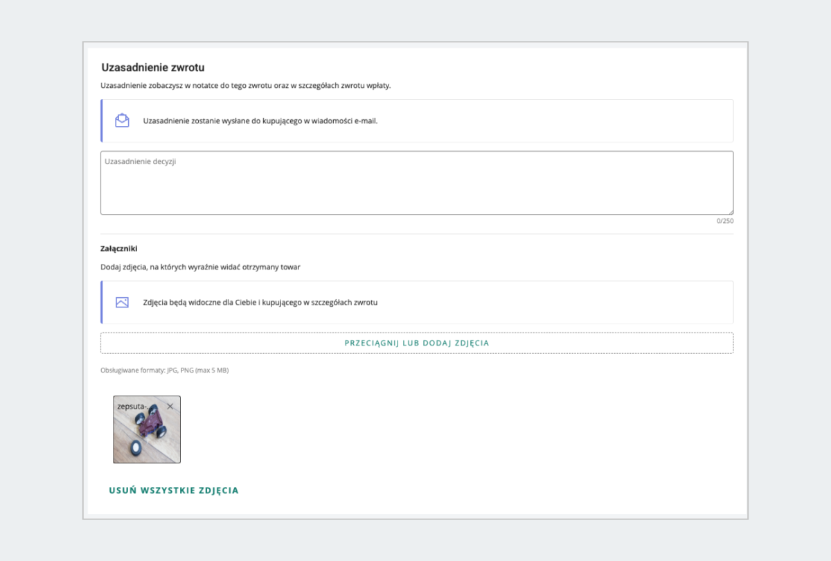 Zrzut ekranu sekcji Uzasadnienie zwrotu na formularzu zwrotu wpłaty. Pod polem na słowne uzasadnienie (opis) znajduje się nagłówek Załączniki i opcja [przeciągnij lub dodaj zdjęcia].