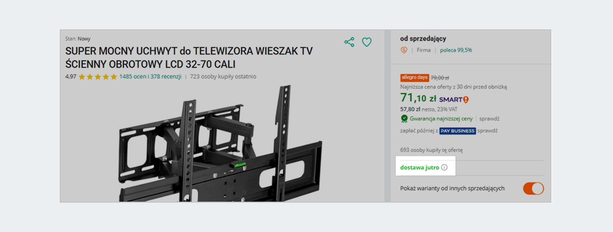 Widok oferty z przewidywanym czasem dostawy