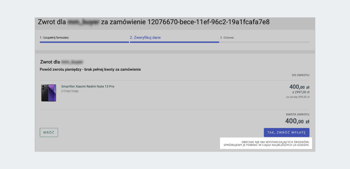 Brak pieniędzy na zwrot