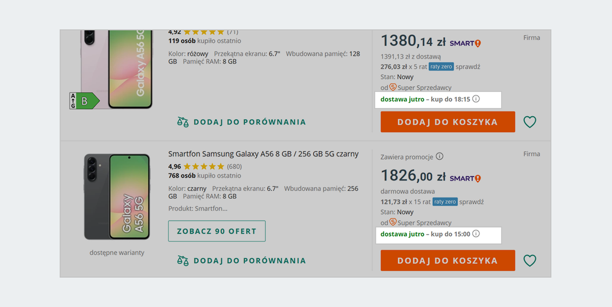 Godzina wysyłki tego samego dnia w ofertach, które wyświetlamy na liście produktów