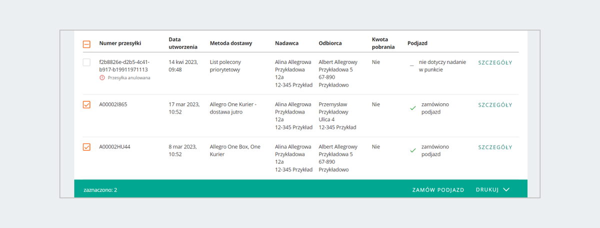 Grupowe zarządzanie w zakładce Zamówione przesyłki
