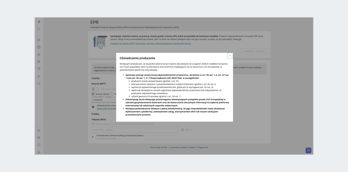 Zrzut ekranu - oświadczenie o samocertyfikacji producenta