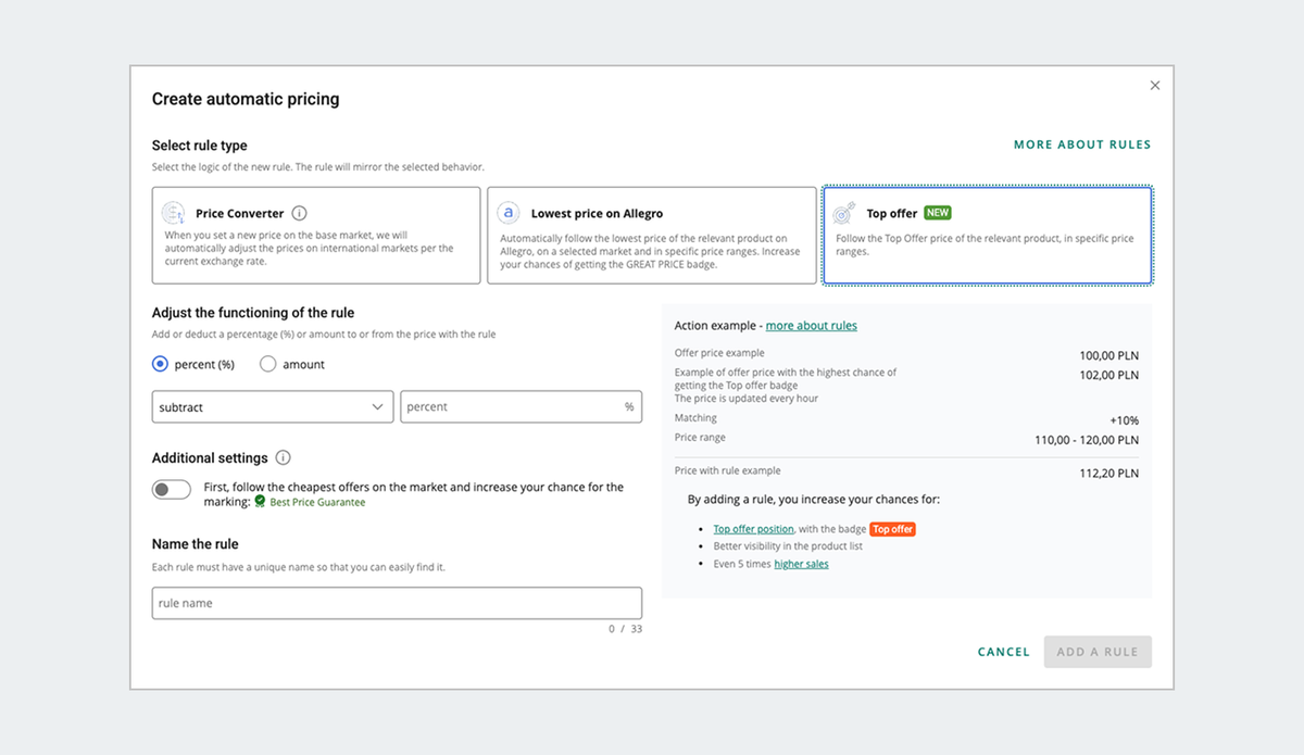 automatic pricing rule creation screen