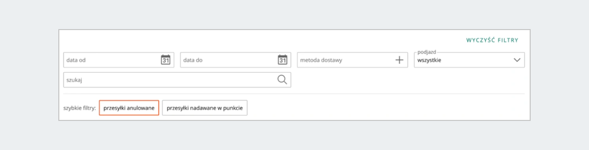 Filtry w zakładce Zamówione przesyłki