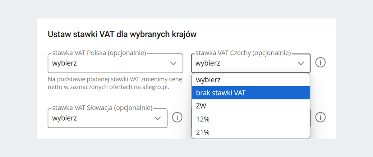zrzut ekranu: grupowe usuwanie stawki VAT w zakładce Mój asortyment