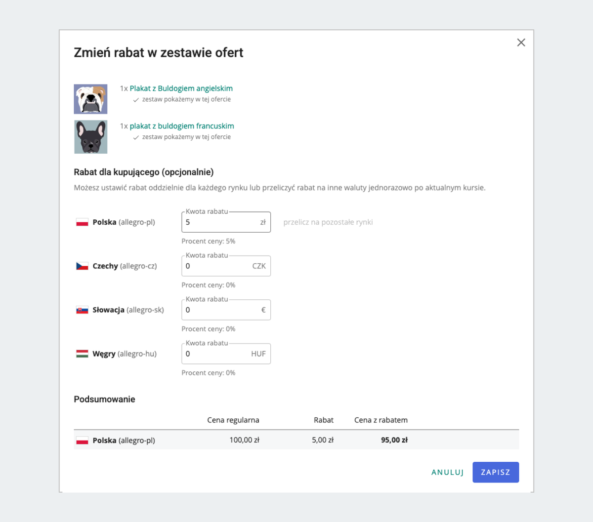 Zrzut ekranu ukazujący zmianę rabatu w zestawie ofert