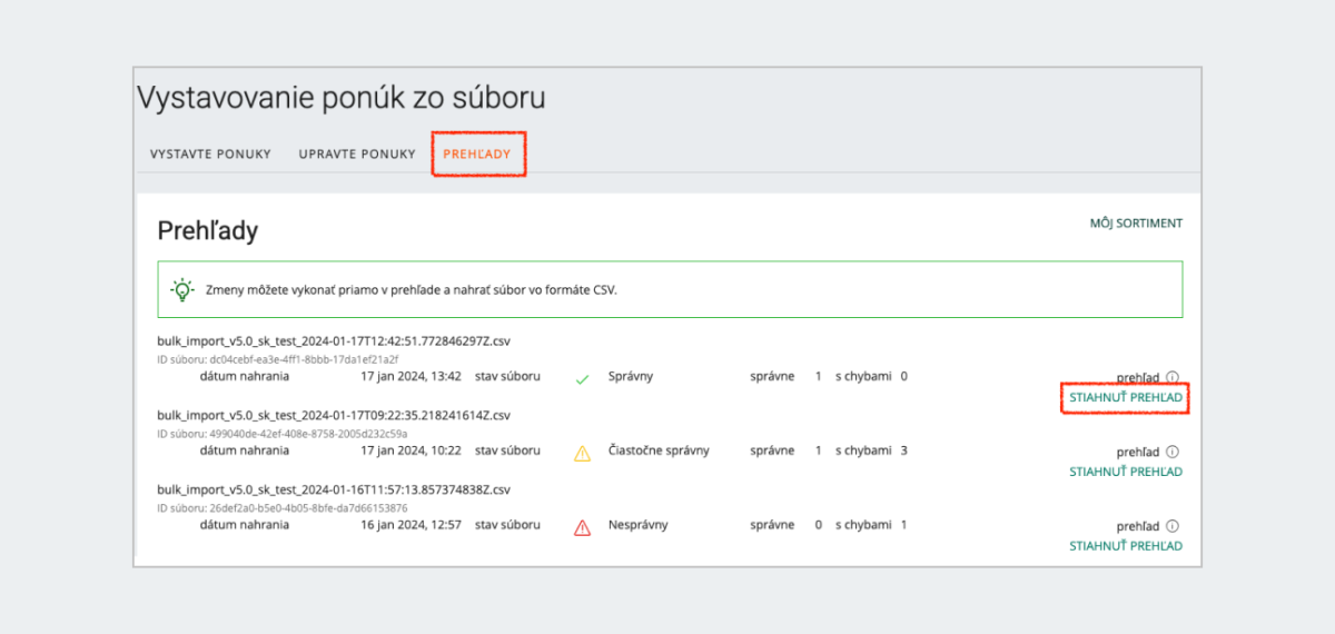 Tlačidlo [stiahnuť prehľad] v záložke Prehľady