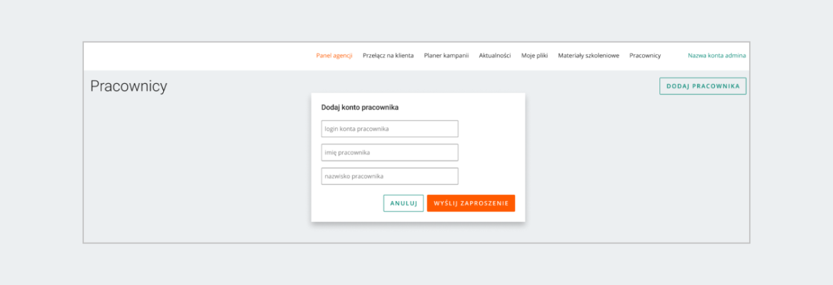 zrzut ekranu - panel agencji pracownicy. Uzupełnij: login konta pracownika, imię i nazwisko pracownika i kliknij Wyślij zaproszenie