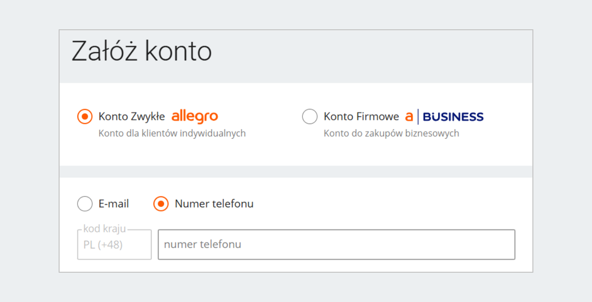 Zrzut ekranu formularza rejestracji konta zwykłego i konta do zakupów biznesowych