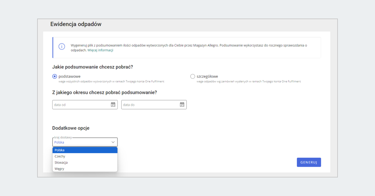 zakładka Ewidencja odpadów w One Fulfillment