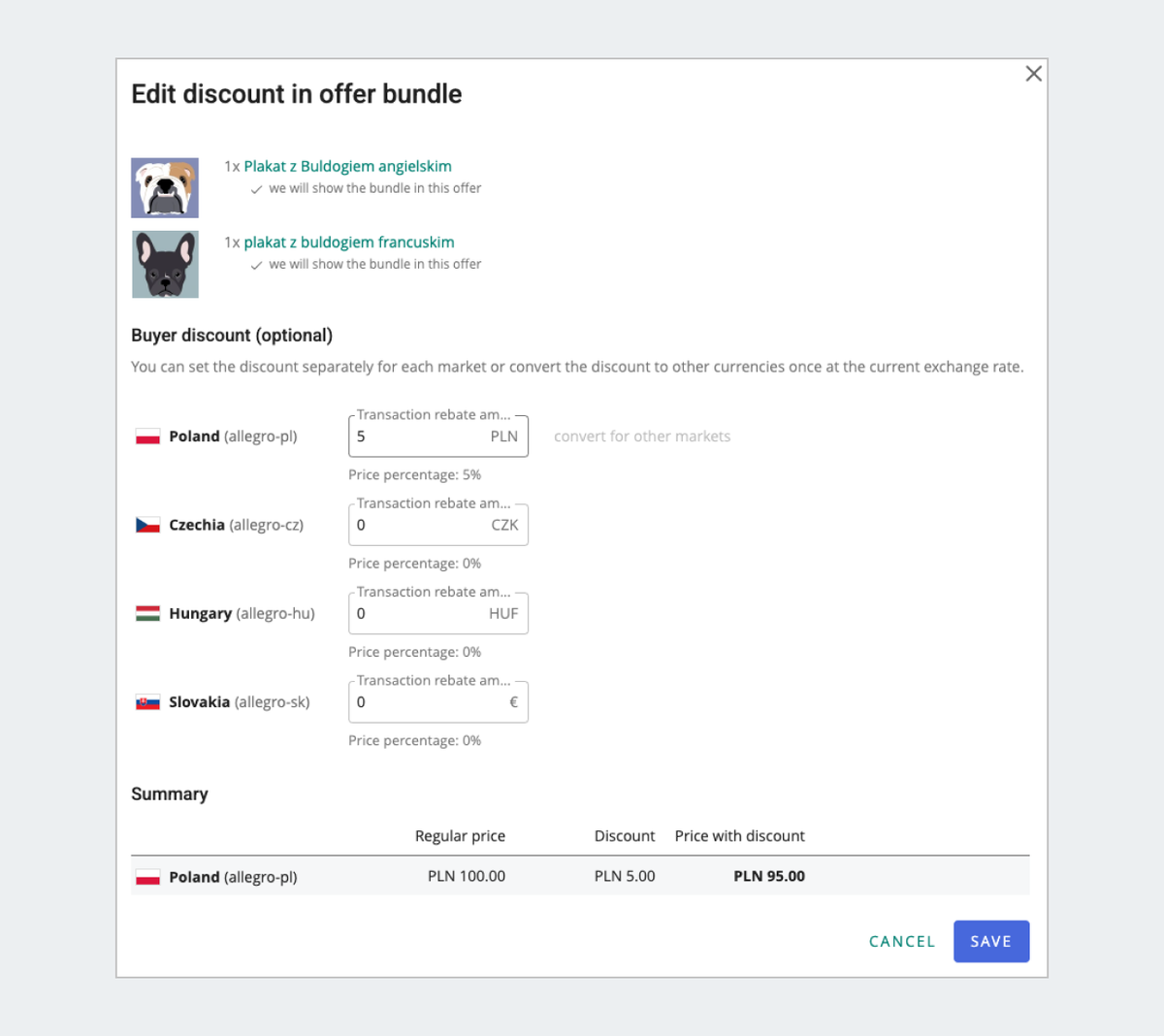 Screen for editing the discount for an offer bundle