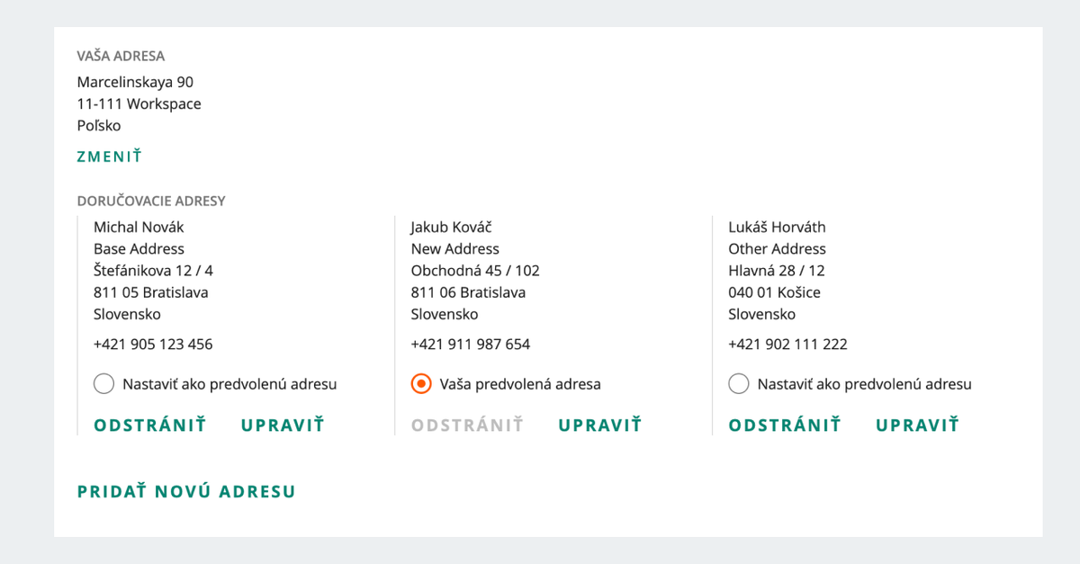 Adresy v nastaveniach účtu