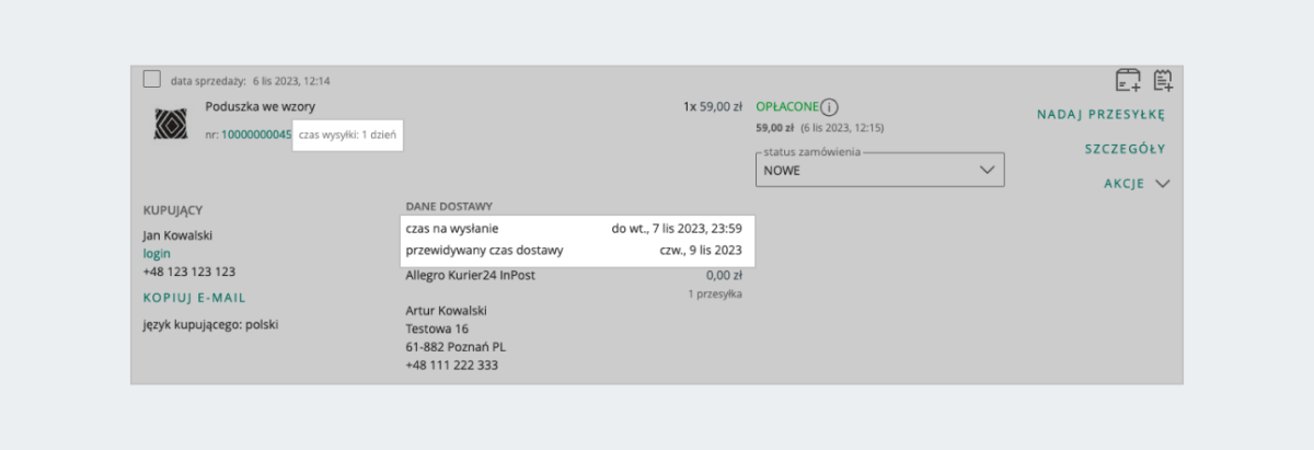 informacje o ofercie z momentu zakupu