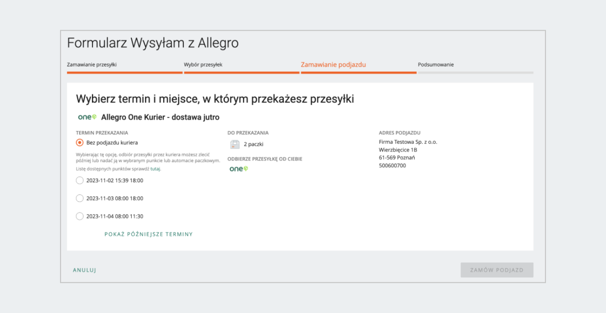 Krok Zamawianie podjazdu w Wysyłam z Allegro - jak wyglądał dotychczas