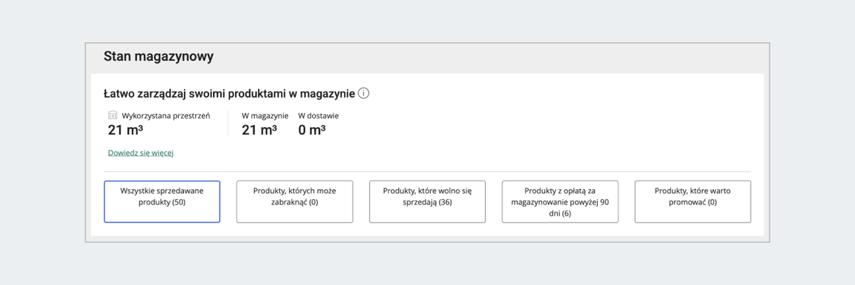 Sekcja z podpowiedziami w zakładce Stan magazynowy