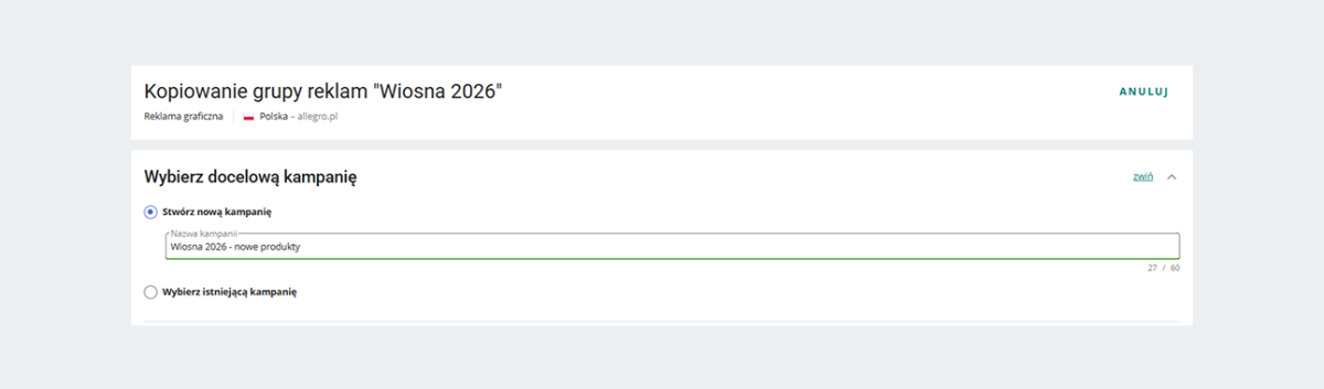 zrzut ekranu: kopiowanie grupy reklam Allegro Ads