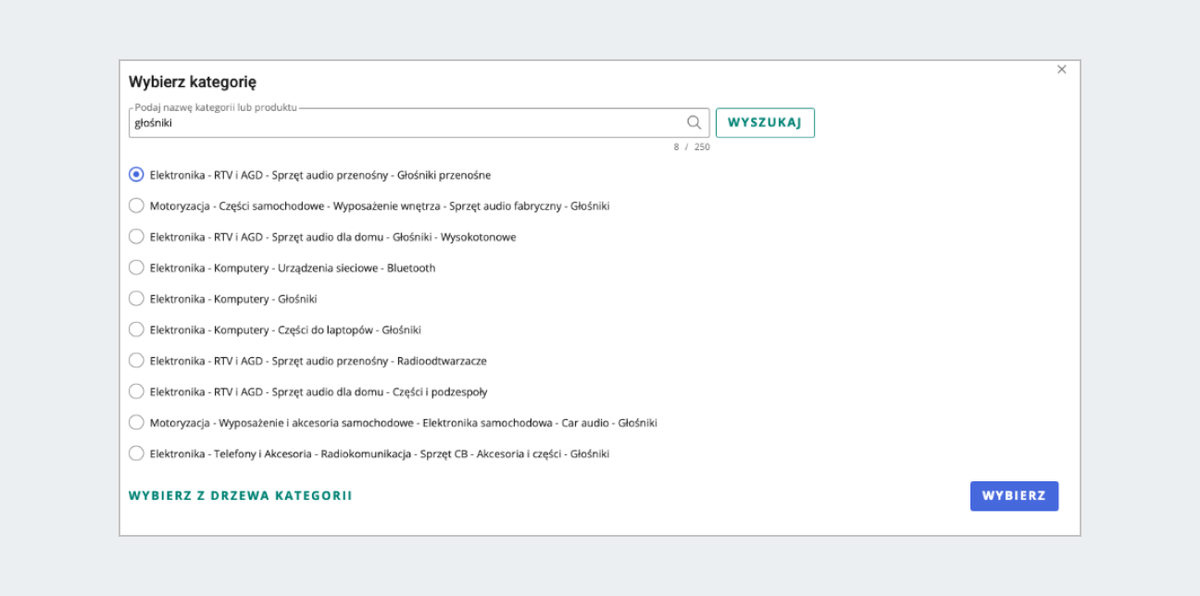 zrzut ekranu: widok z wyboru kategorii produktu