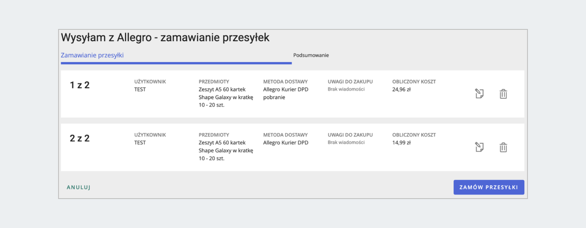 Zrzut ekranu sekcji "Zamawianie przesyłki" na formularzu Wysyłam z Allegro. Widoczne 2 przesyłki, przy których w kolejnych kolumnach podano przykładowe dane o przesyłce: nazwę użytkownika, przedmioty, metodę dostawy, uwagi do zakupu i obliczony koszt. W ostatniej kolumnie przyciski do edycji i usunięcia przesyłki.