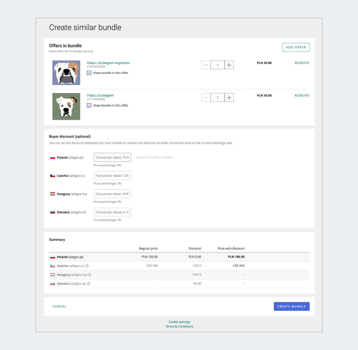 Screen for creating a similar bundle with the section for setting discount for different marketplaces