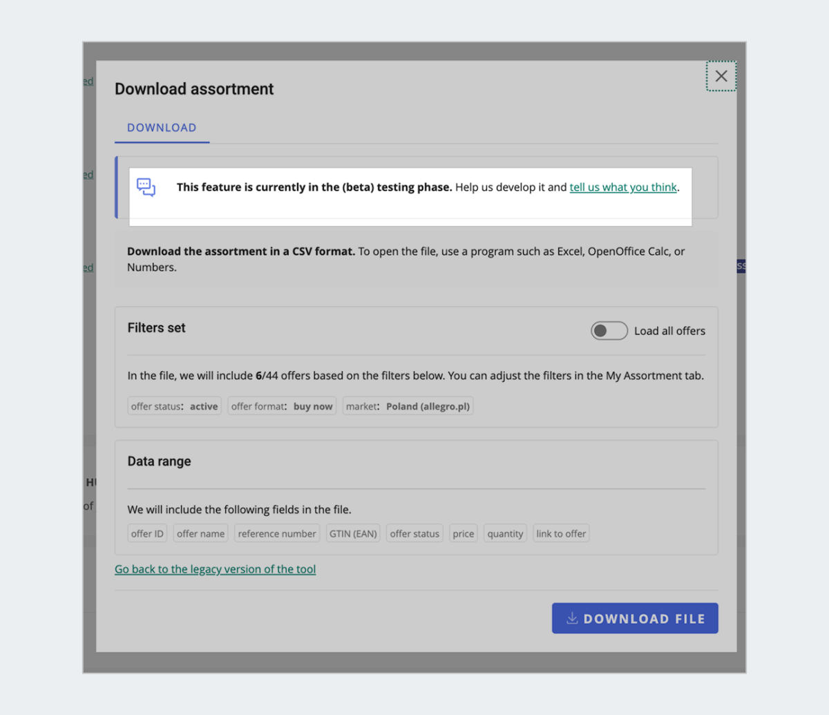 Download assortment window, gray background, CSV data download, filters set.