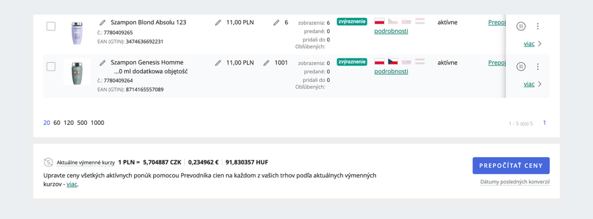 údaje o konverznom kurze a možnosť previesť ceny