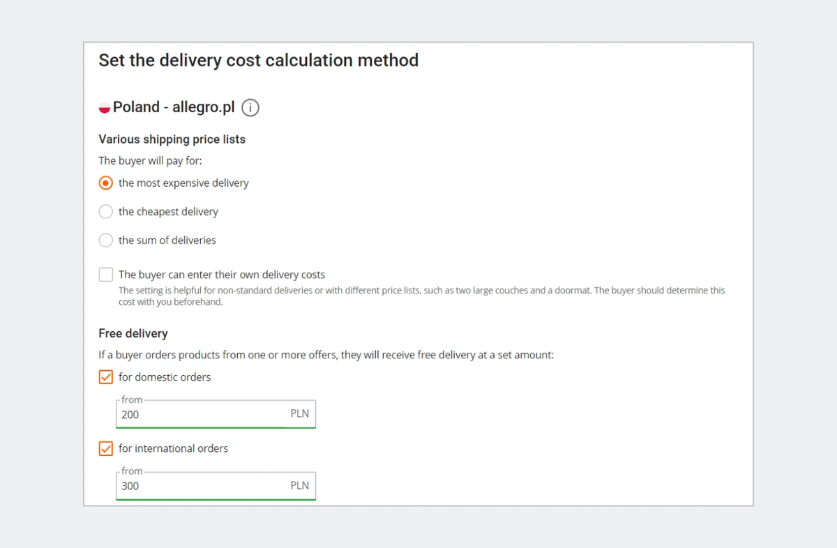 set the delivery cost calculation method