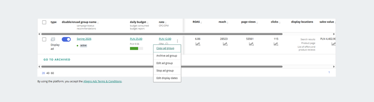 screenshot: copying ad groups