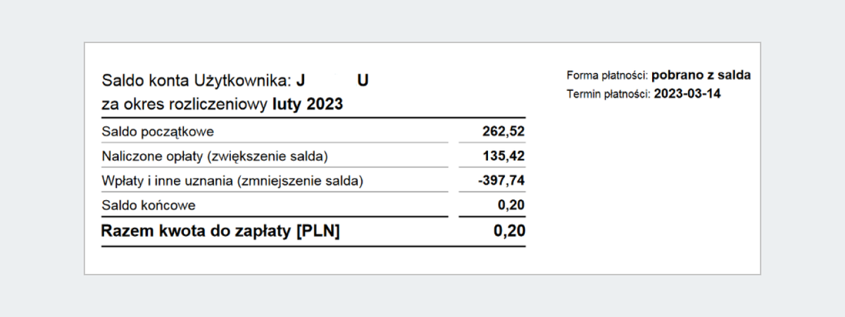 Zrzut ekranu faktury z saldem konta użytkownika