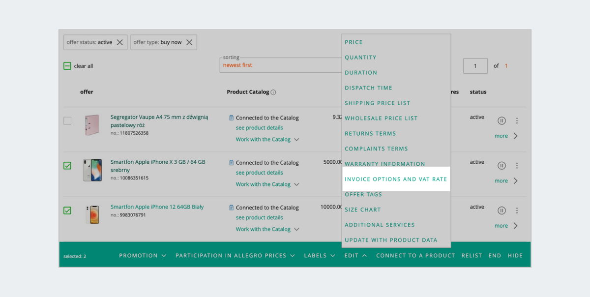 invoice options and vat rate