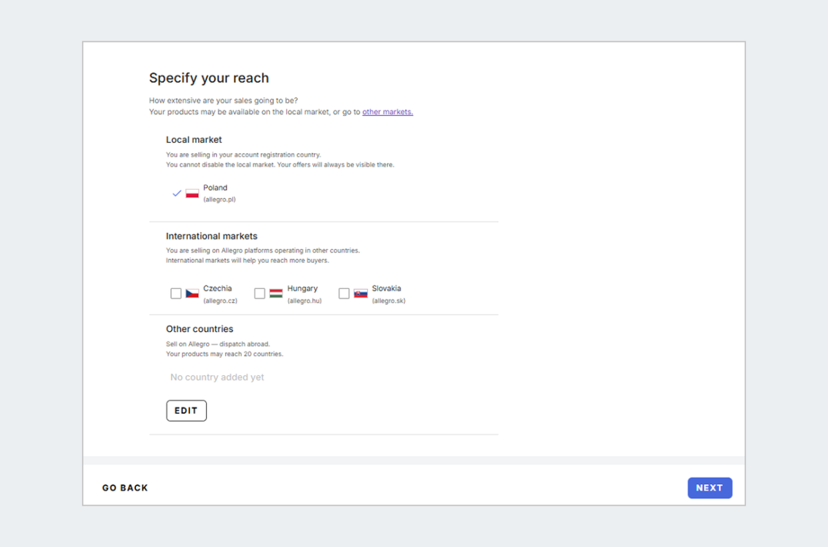 Screenshot of the Specify your reach section divided into three parts: Local market, International markets, and Other countries. [Next] button at the bottom right.