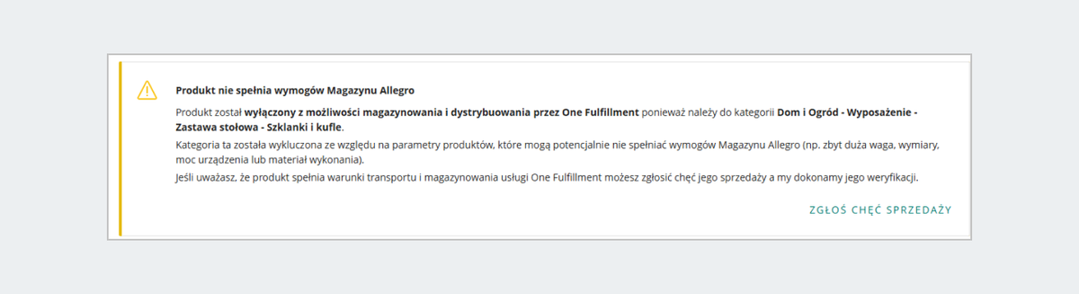 Grafika z komunikatem: Produkt nie spełnia wymogów Magazynu Allegro