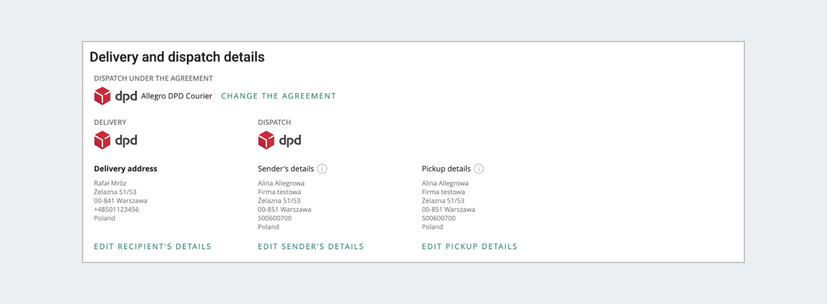 Delivery and dispatch details section in the Ship with Allegro