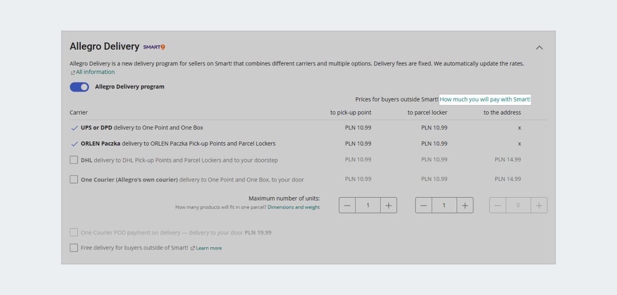 allegro delivery section in shipping rates configuration with the highlighted fees with smart label