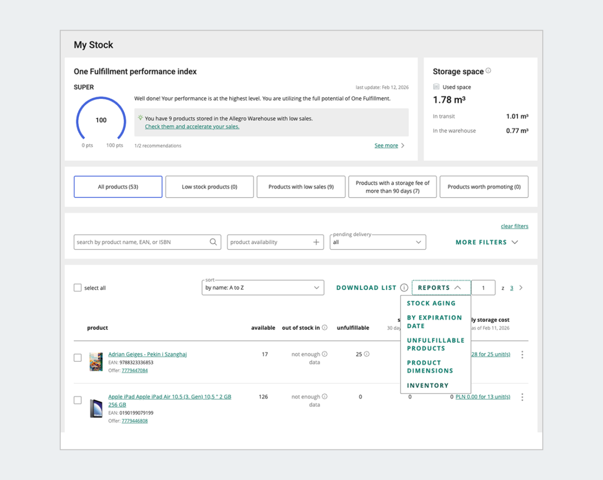 One Fulfillment performance index screenshot, blue interface, data display, inventory list.