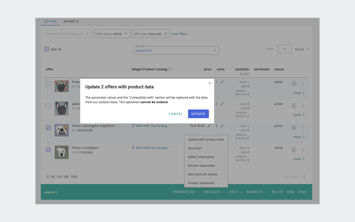 update with product data option for multiple offers