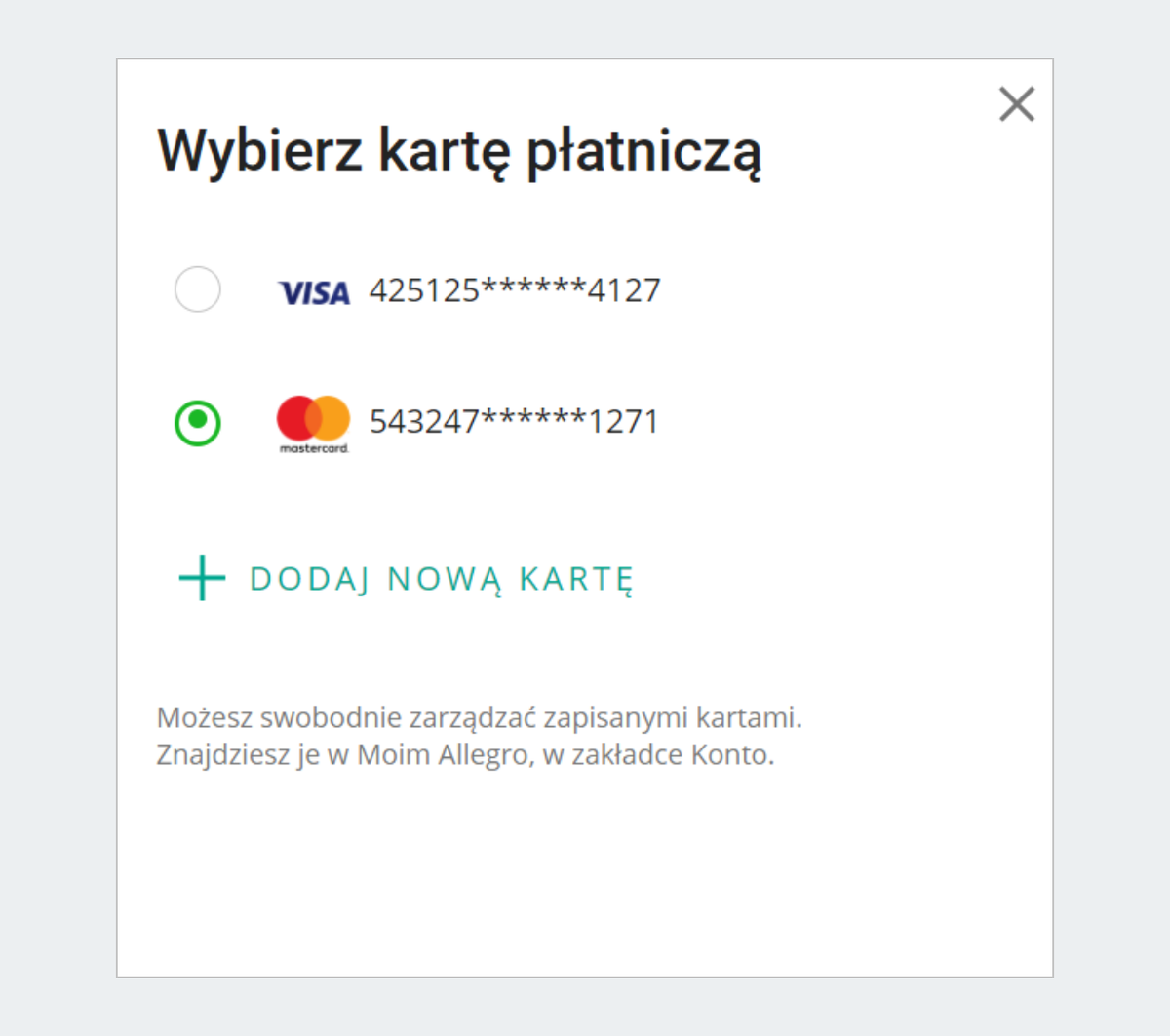 Wybierz kartę płatniczą